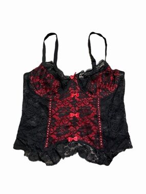 90s/Y2K French Vintage Floral Lace Corset Bustier Top w Bows (Red/Black)Size M/L